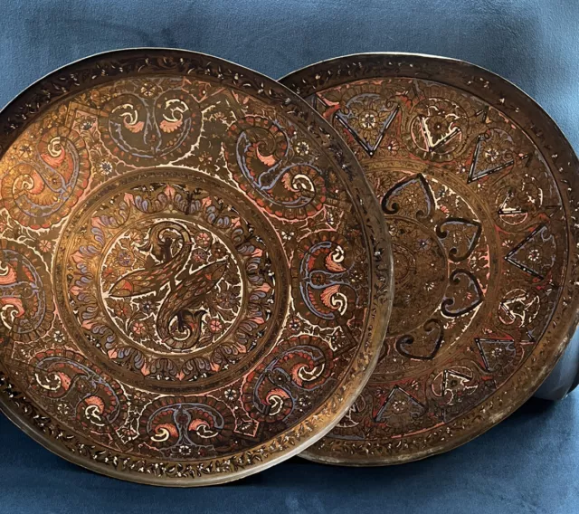 Pair of Painted Indian Brass Chargers from Mid to Late 19th Century