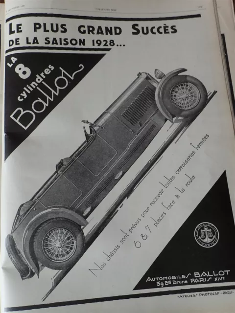 BALLOT 8 cylindres automobile publicité papier ILLUSTRATION NOEL 1927