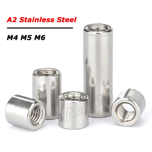 M4 M5 M6 Round Connector Nuts Threaded Sleeve Rod Bar Stud Long Nut A2 Stainless
