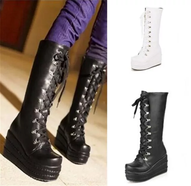 Women's Punk Small and Medium Leg Boots Creeper Heel Zipper Lace Up Warm Riding