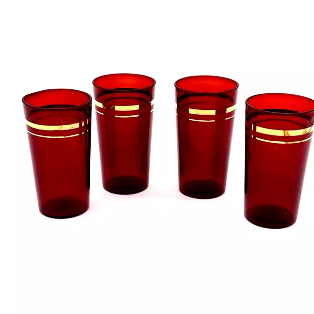 Vintage Red Drinking Glasses Anchor Hocking Tumblers Gold Stripes 9 oz Set of 4