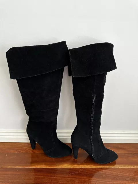 Tony Bianco Black Suede Leather Knee High Heeled Boots Size 8