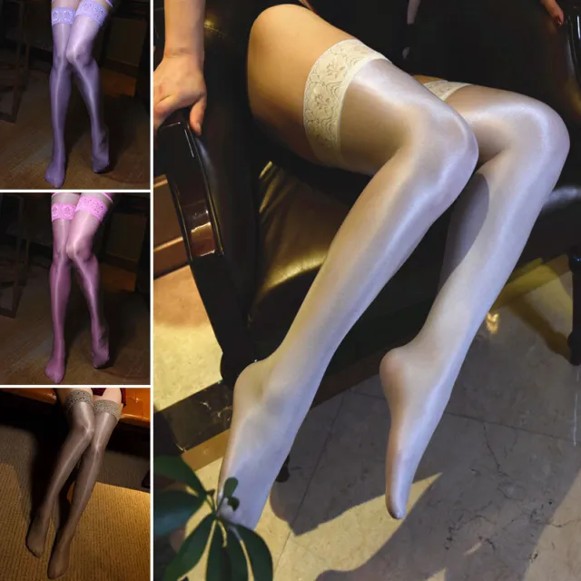 Calze lunghe donna glitter sexy pizzo lucido 70D sopra il ginocchio coscia alte UK