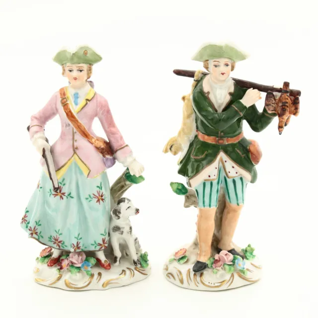 German Sitzendorf Porcelain Figurines Pair Lady and Gentlemen Hunter, Germany