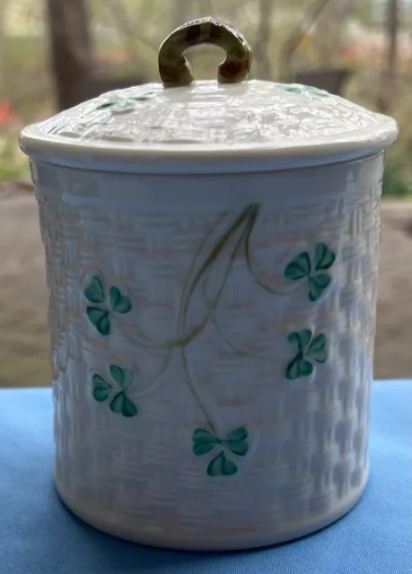 Belleek Shamrock Basket Weave Round Lidded Jar