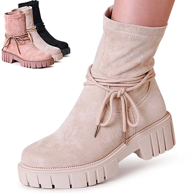 Chaussures Femme Velours Bottines Plateforme Moitié Bottes Court Cordon Derby
