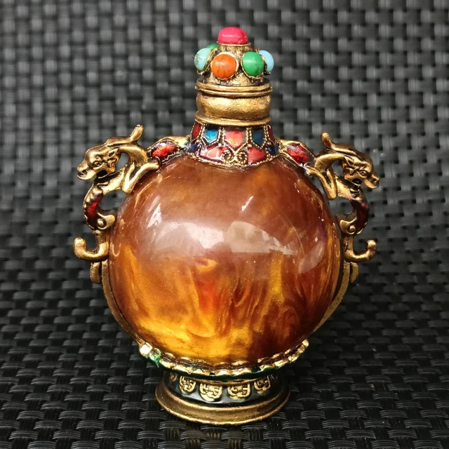 Perfect Chinese Antique Copper Carving Dragon Inlaid Turquoise Snuff Bottle Y52