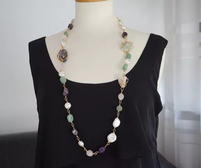 collana lunga pietre dure  verdi e viola  perle bianche bigiotteria regalo donna