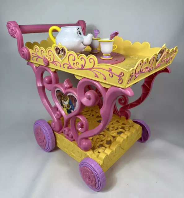 Disney Beauty & The Beast Be Our Guest Singing Tea Cart Playset Pink/Yellow EUC.