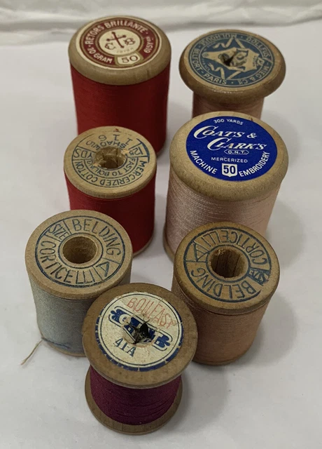Antique 7 Wooden Spools Cotton Thread Sewing #1