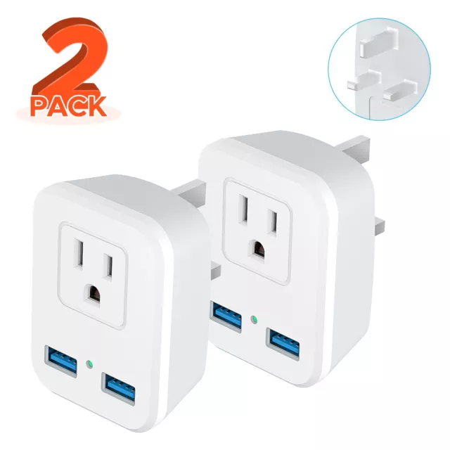 (2 Pack)Type G UK Travel Plug Power Adapter Converter with 2 USB Charger Port