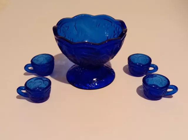 Very Cute Miniature Cobalt Blue Punch Bowl Set with 4 Cups.