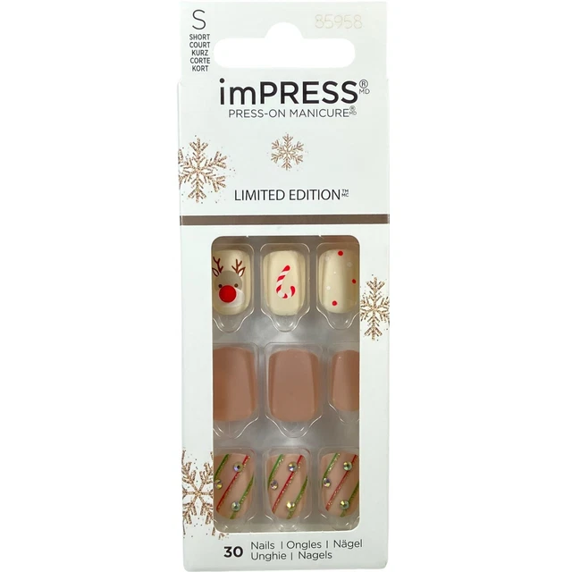 NEW KISS NAILS Impress Press On Manicure Short Matte Red Nose Reindeer