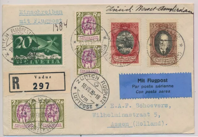 BV22403 Liechtenstein 1930 to Netherlands registered airmail cover used