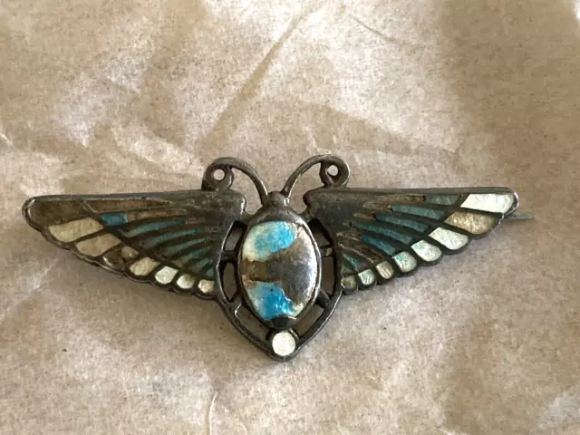 Egyptian Revival Scarab 925 Silver Charles Horner Enamel Brooch Early 1900's