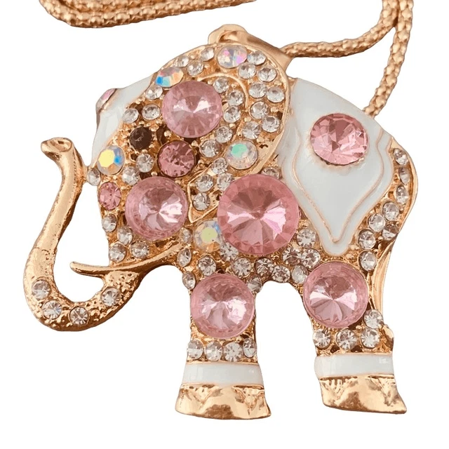 NWT BETSEY JOHNSON Pink Elephant Crystal Pendant Necklace Gold White Jeweled
