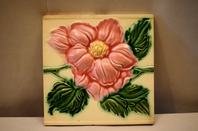 Antique Tile Ceramic Art Nouveau Japan Saji Majolica Rose Embossed Architect"906