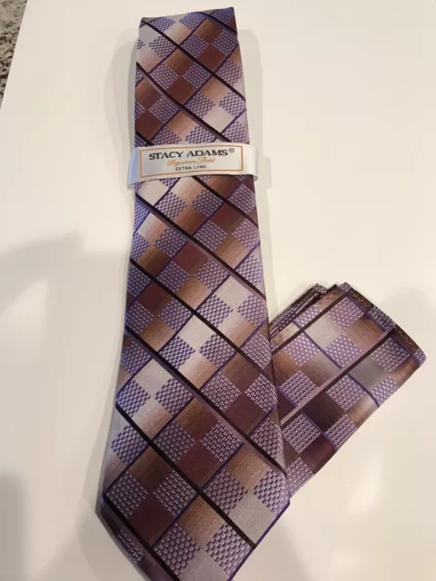 Stacy Adams Purple / Silver Tie w/ Pocket Sq Xtra Long Ready for Spring! NWT's