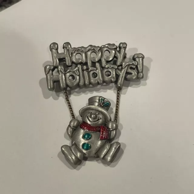 Signed Spoontique Brooch Pin - Pewter Tone Snowman - Christmas - Happy Holidays