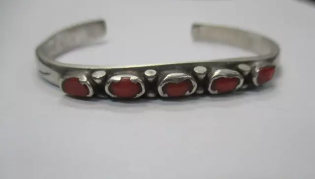 Vintage Native American Navajo Sterling Silver Cuff Bracelet With 5 Coral