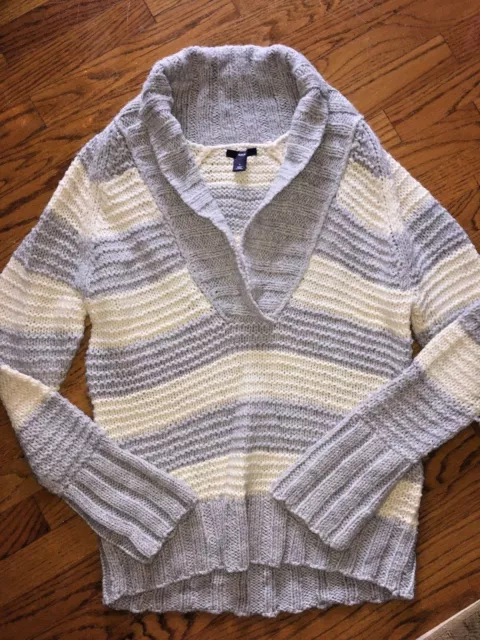 GAP Baggy Loose Fit Grey Cream Stripe Women's Cable Knit Sweater SZ L