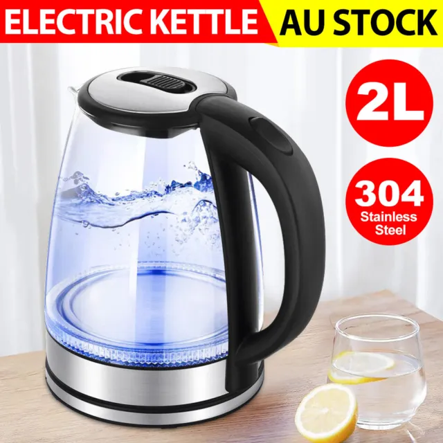 2L Clear Glass Cordless Electric Kettle Blue Led Light Automatic 360 Jug 1500W