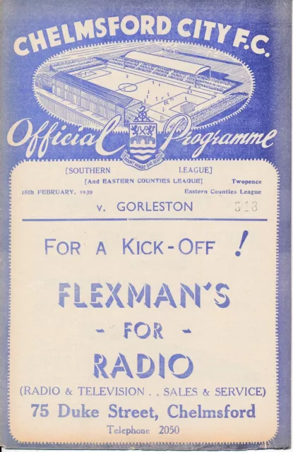 Chelmsford City v Gorleston Eastern Counties League 1938/1939 PRE-WAR programme