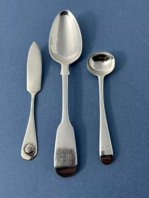 3 Antique 19Th C. Provincial Solid Silver Spoons & Butter Spreader Elgin / York