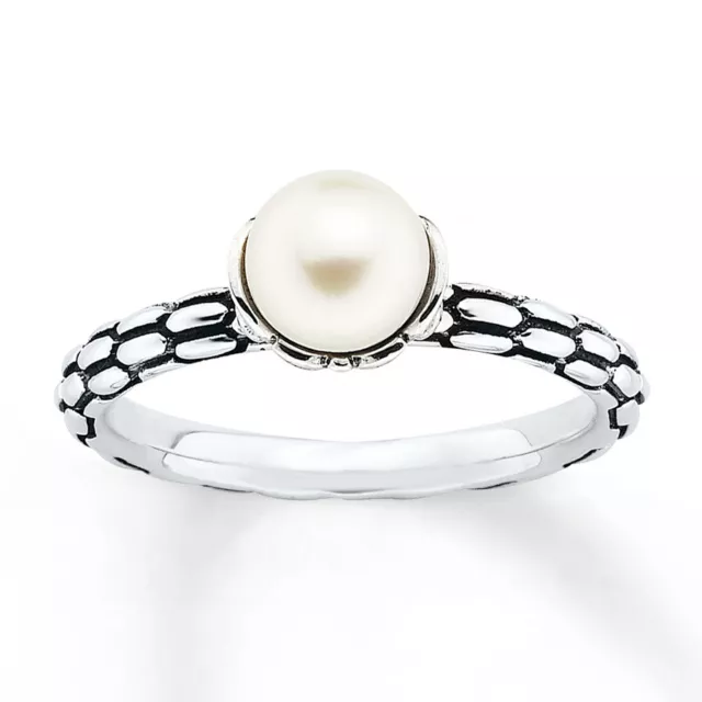 Cultured Freshwater Pearl Stackable Ring 14K White Gold Plated Sterling Silver