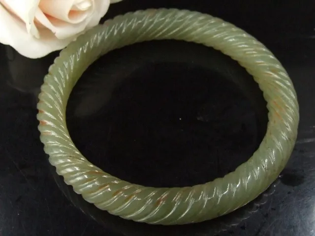 Celadon Chinese Antique Nephrite Hetian-OLD Jade Bracelets Twisted wire QING