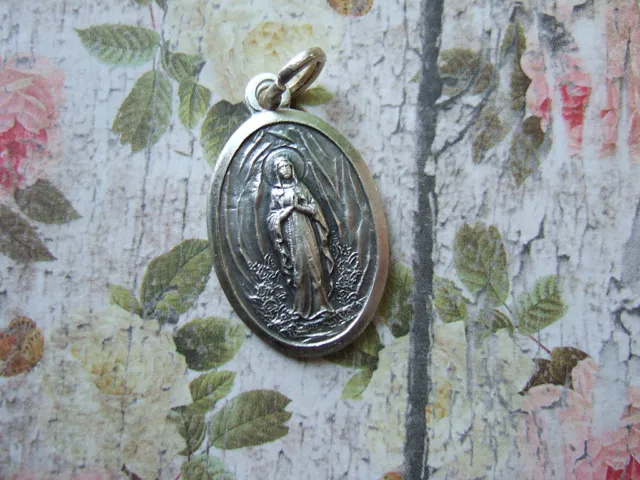 VINTAGE OUR LADY OF LOURDES MEDAL Virgin Mary Pendant & Chain BLUE ...