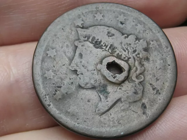 1839 Large Cent Penny- Silly Head, Holed, Good Details