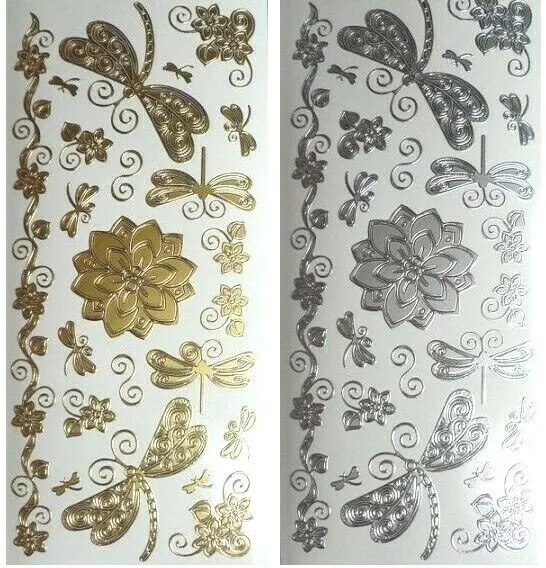 DRAGONFLIES & FLOWERS Peel Off Stickers Flourish Leaves Border Gold or Silver