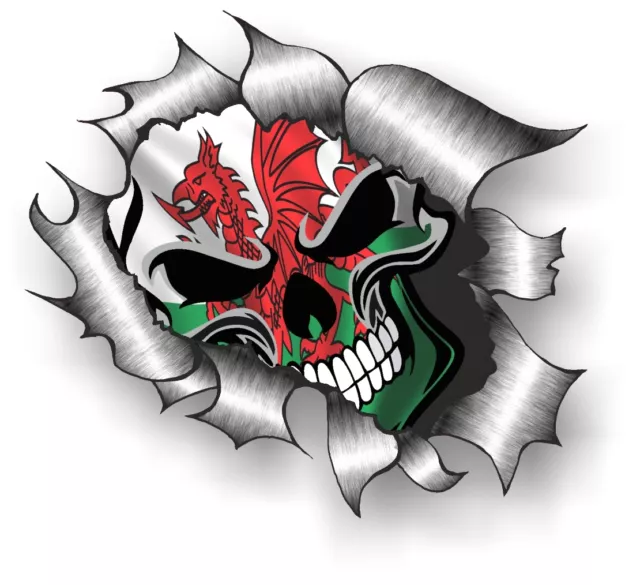 CLASSIC Ripped Open Torn Metal Rip Gothic Skull & Welsh CYMRU Flag car sticker