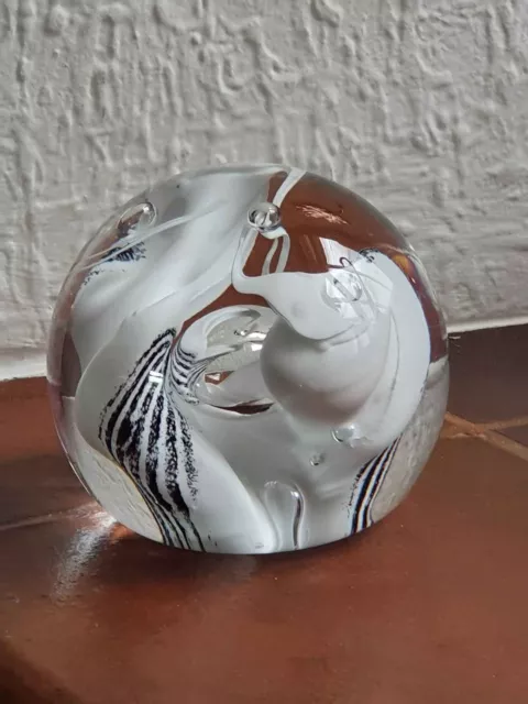 Caithness Paperweight Glass Black White Swirl Snow Trail