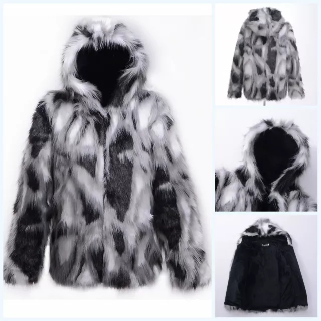 Winter Mens Luxury Faux Fur Furry Warm Thicken Coat Jacket Outwear Parka Hooded