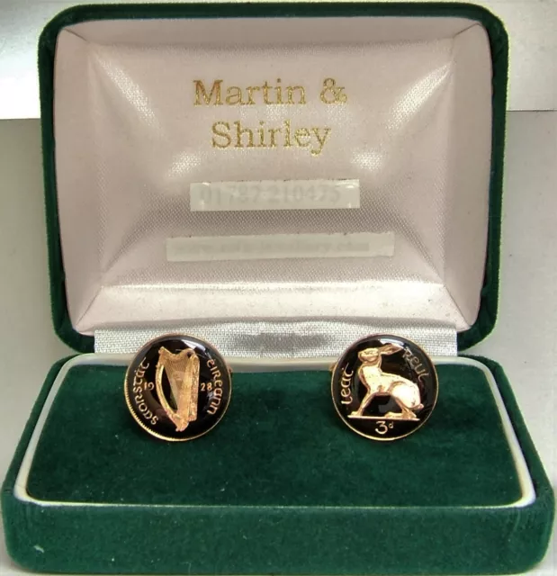 1928 IRELAND cufflinks made from first year of OLD IRISH THREEPENCE inblack&gold