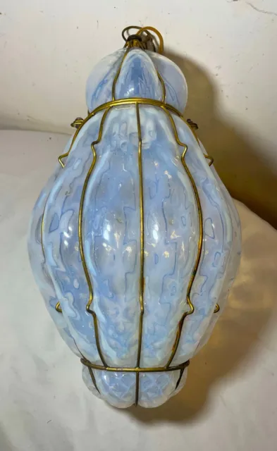 Antique blown Italian Murano Venetian opalescent glass hanging cage chandelier