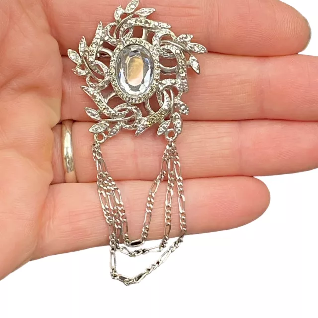 Vintage Brooch Ornate Silvertone Dangle Chains Lucite Acrylic Stone 3.25"