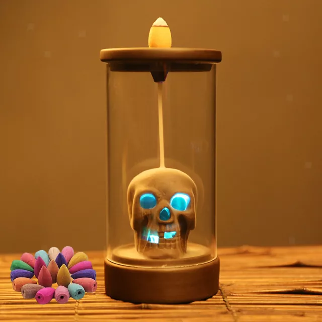 LED Light Skull Backflow Incense Burner base with 20 Incense Cones for home