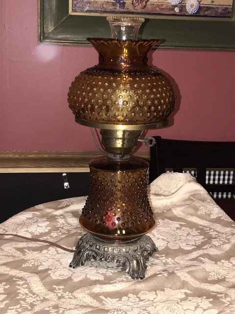 Hurricane Gwtw Table Lamp - - Amber Hobnail Glass- 3Way - 20" Tall