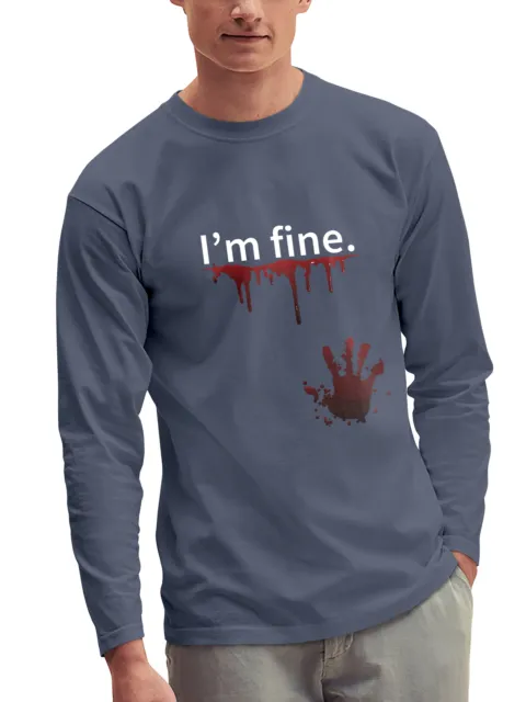 Mens Garment Dyed I'm Fine Zombie Attack Halloween Graphic Long Sleeve T Shirt