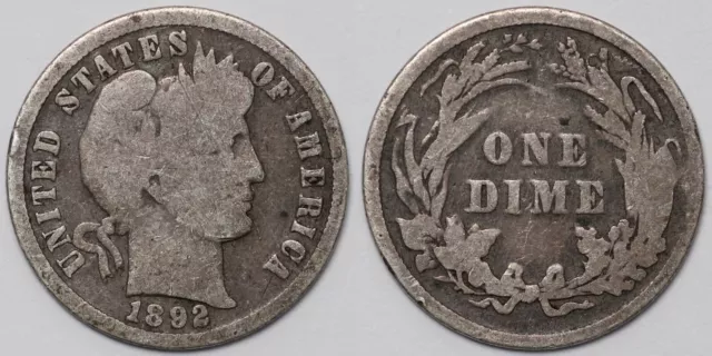 United States USA 1892 Barber Dime 10C Philadelphia Silver Coin - First Year