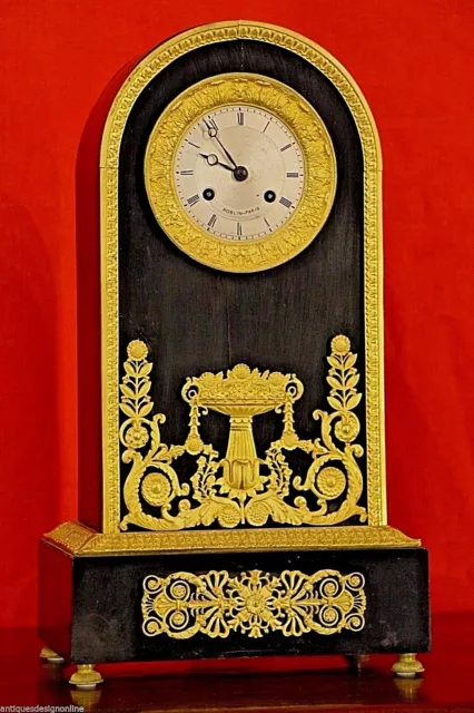 Antique French Empire gilt ormolu ebony 8 day clock 1820 original working well 