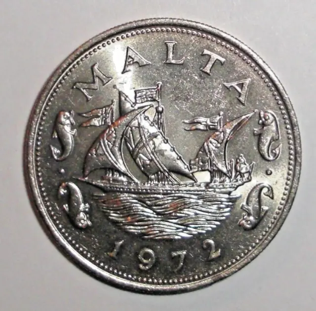 1972 Malta Coin 10 cents Barge of the Grand Master Ship Fish Boat Nautical Ocean