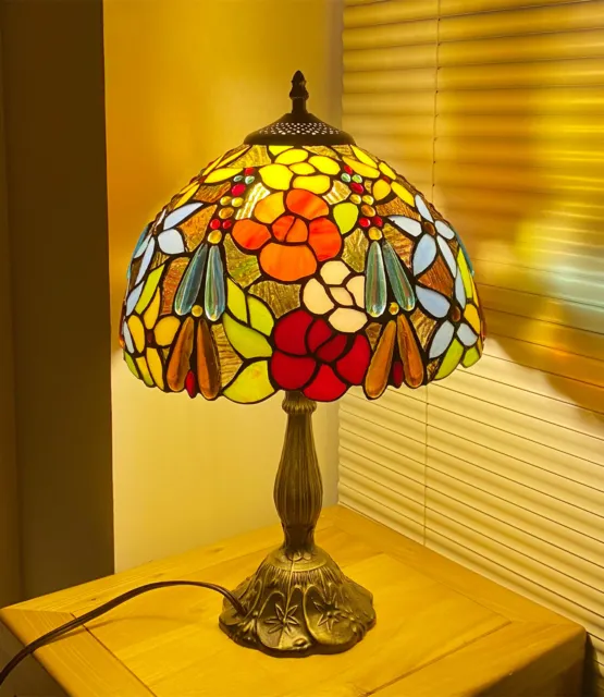 Tiffany style Vintage Stained Glass Table Lamp Rose Floral Desk Light 18" Tall