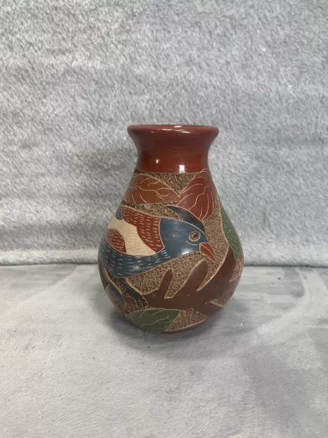 Vintage Talavera Mexican Folk Art Pottery Animal Bird Floral Design Vase