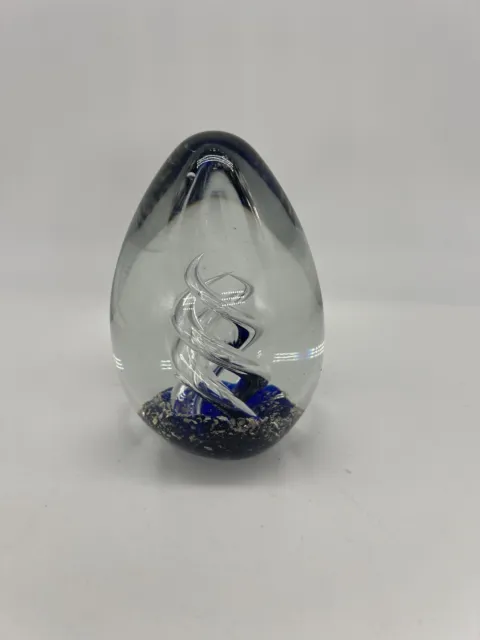 Clear Cobalt Blue Swirl  Art Glass Egg Shaped Hand blown Paperweight