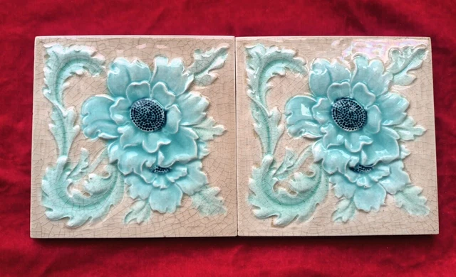 2 Piece Old Art Deco Floral Design Embossed Majolica Ceramic Tiles England 0409