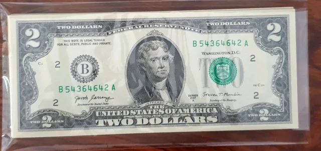 2$ Two American dollars bill 2017a UNC consecutive